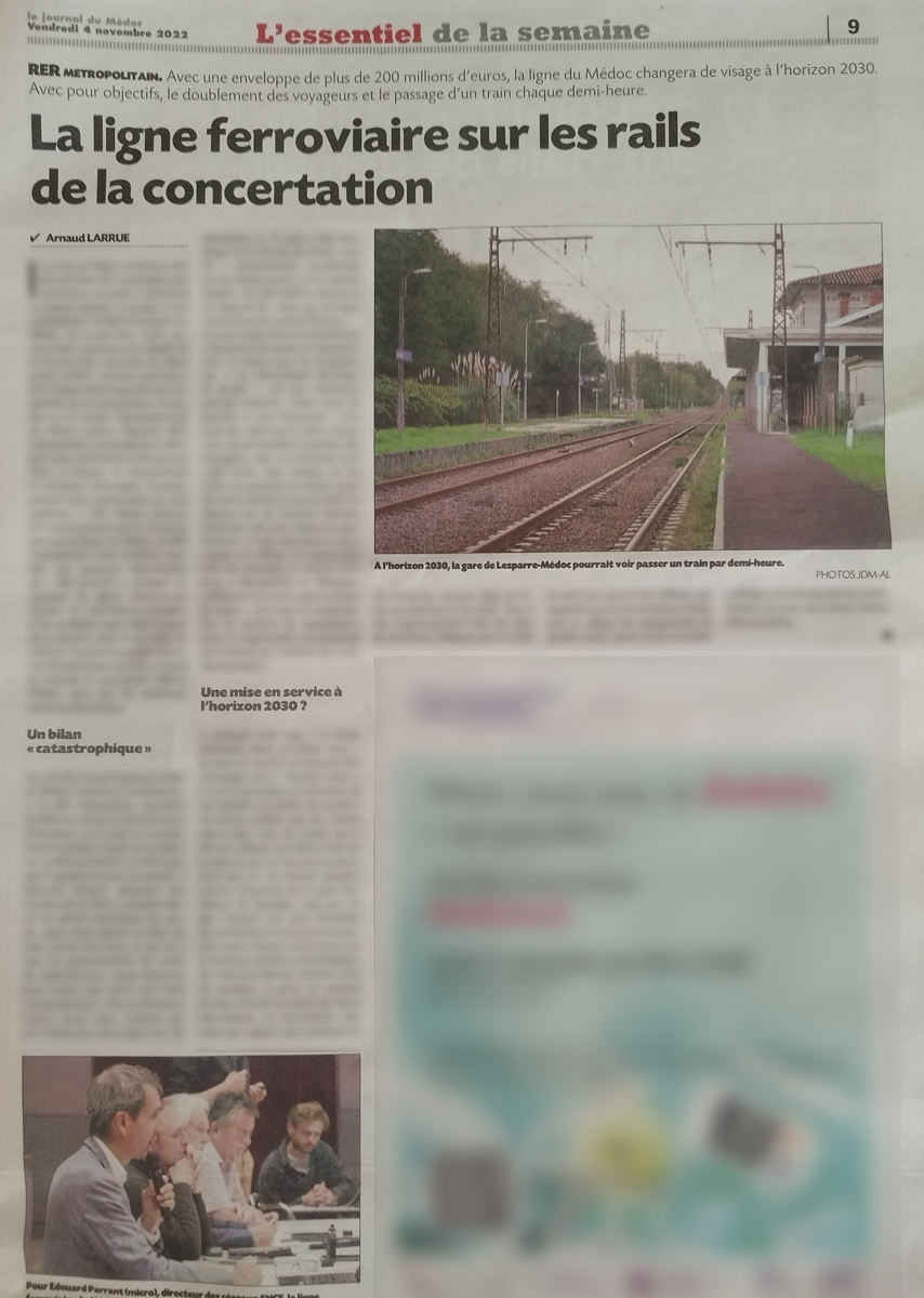 Mobilité : le Journal du Médoc relate la réunion de concertation du 2 novembre 2022 Concertation transport 2022 11 02 Article JDM 2022 11 04 - Mobilité : le Journal du Médoc relate la réunion de concertation du 2 novembre 2022