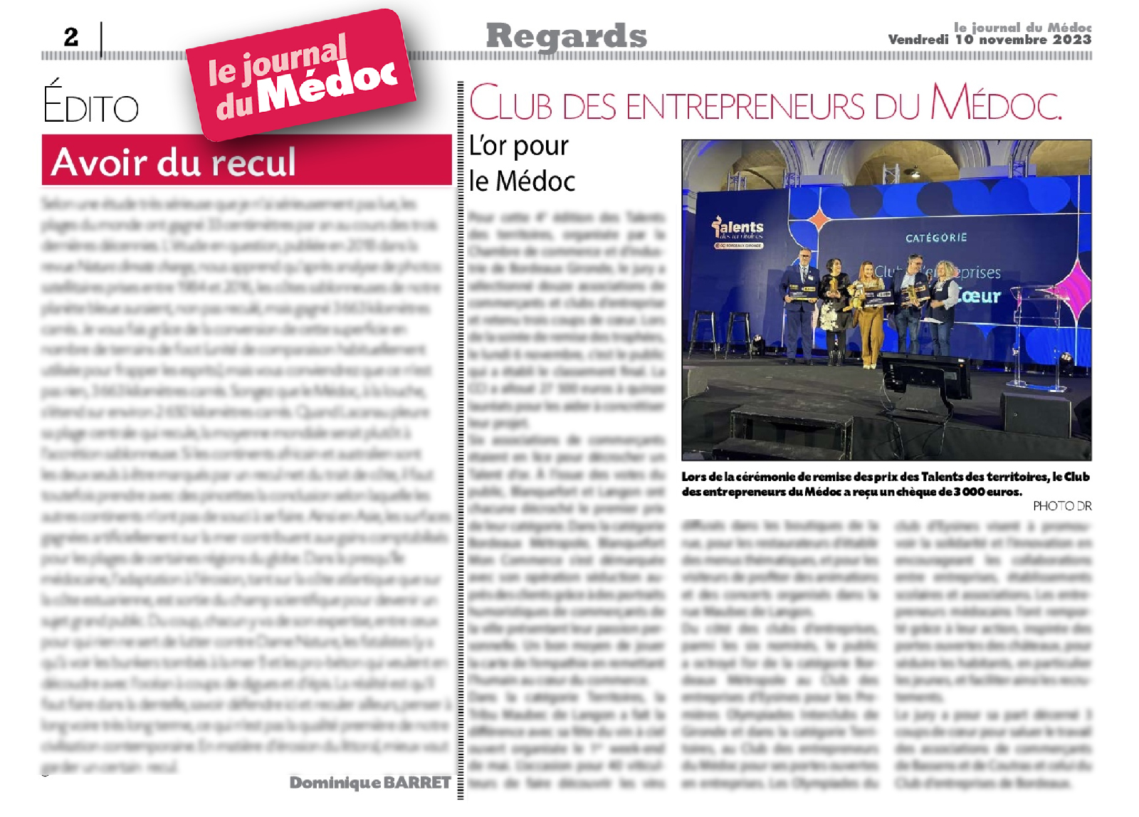 journal.lejournaldumedoc.fr 2023 11 10 Talents des Territoires 2 article - Le JDM titre son article sur les Talents des territoire : "L'or pour le Médoc"